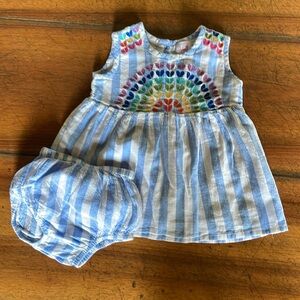 CHEENI | 2 piece rainbow heart blue and white stripe dress and bloomer set | 24m